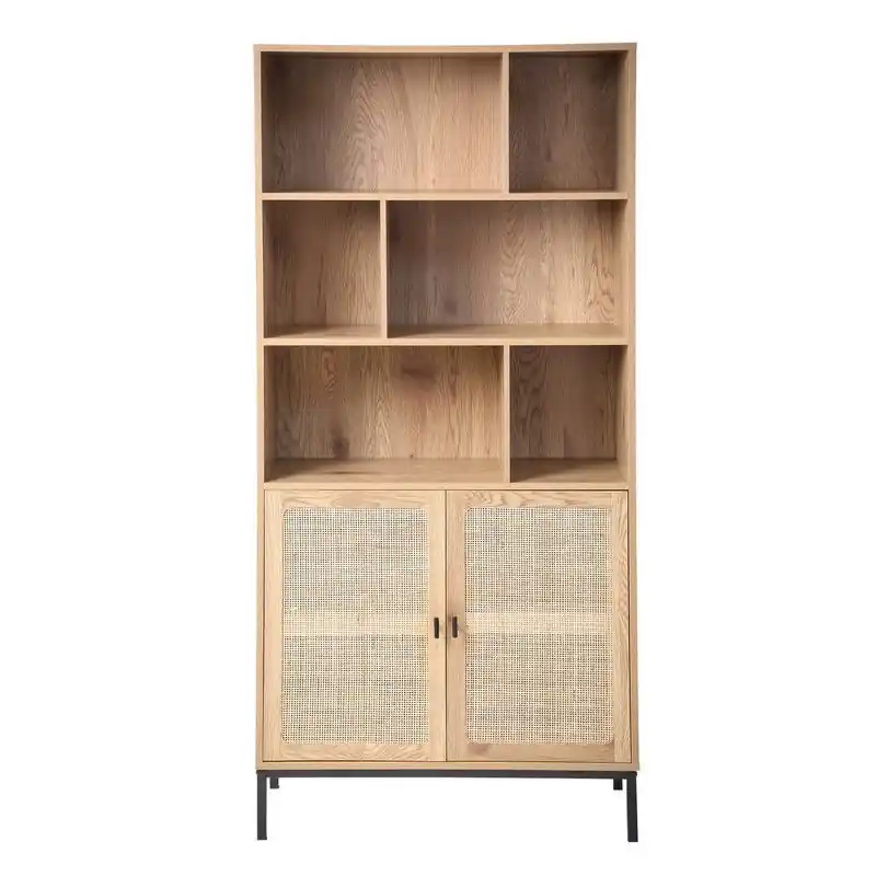 Handgemaakt Boekenkast - 6 Vakken en 2 Deuren - Natuurlijk Rotan - L80 x H175 cm - JAYA