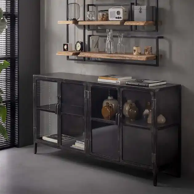 Hete Deal Hoyz - Dressoir Rift - 180cm - Zwart Metaal - 4 Deuren - Zwart