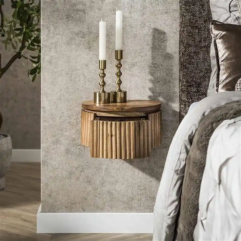 Lage Kosten Hoyz Collection - Nachtkastje Wave Rond Zwevend 1 Lade XS - Massief Mango Zandkleur