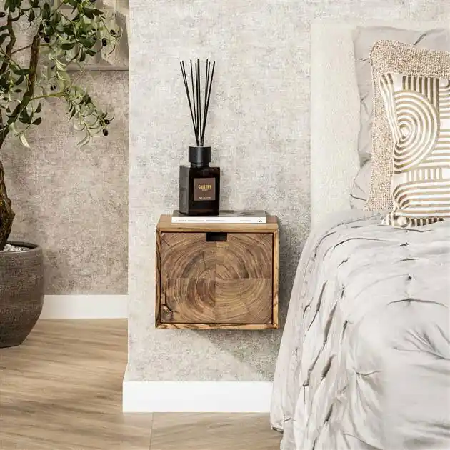 Hoyz Collection - Nachtkastje Block Zwevend 1 Lade - Massief Acacia Naturel Trendy