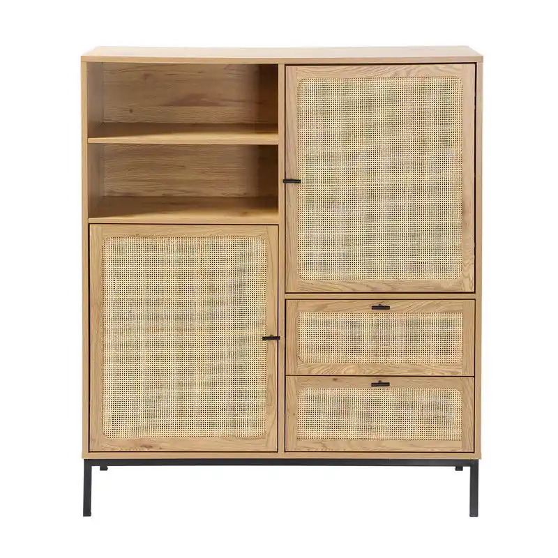 Hoge Buffetkast met Natuurlijke Rotan Fronten - L100 x H120 cm - JAYA Hoge Kwaliteit