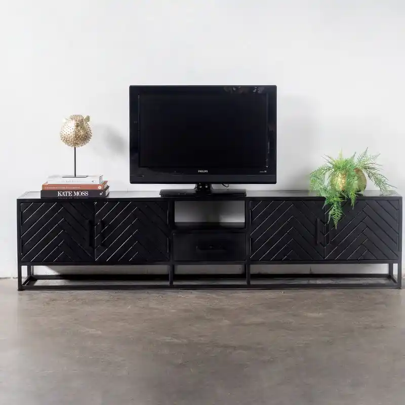 Hete Deal Giga Meubel Tv-Meubel Zwart Visgraat - Mangohout - Metaal - Isa