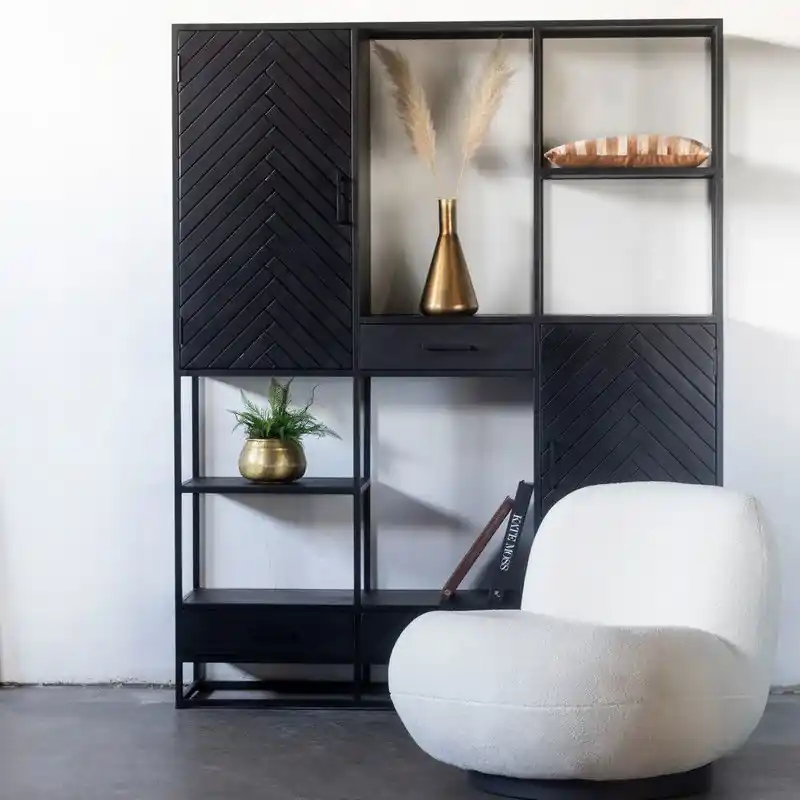 Vakkenkast Zwart Visgraat - 160x40x200cm - Mangohout Gecertificeerd