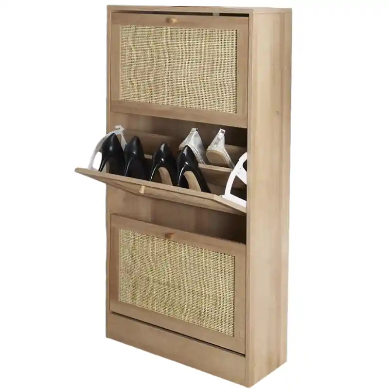 Gecertificeerd MISOU Bali Schoenenkast - met 3 Lades - Schoenen - Opbergsysteem - Rotan - Bruin - Hout - Schoenenrek - Hal organizer - 12 paar