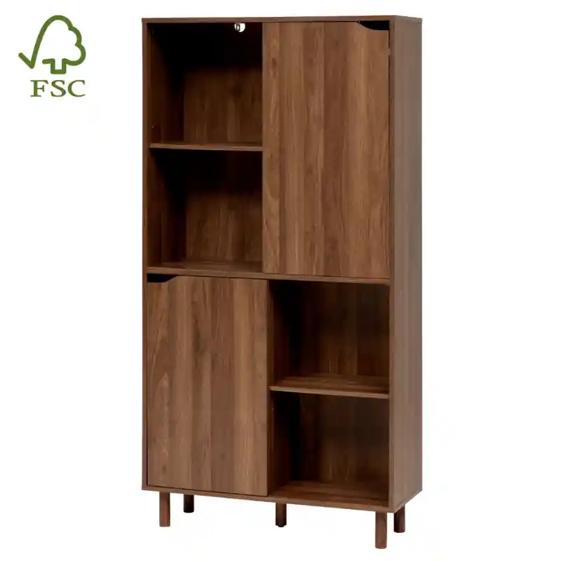 Handgemaakt MISOU Wandkast met schuifdeuren - 8 opbergruimtes - 160x80x30cm - Boekenkast - open Kast - Hout - Donkerbruin - LUMA