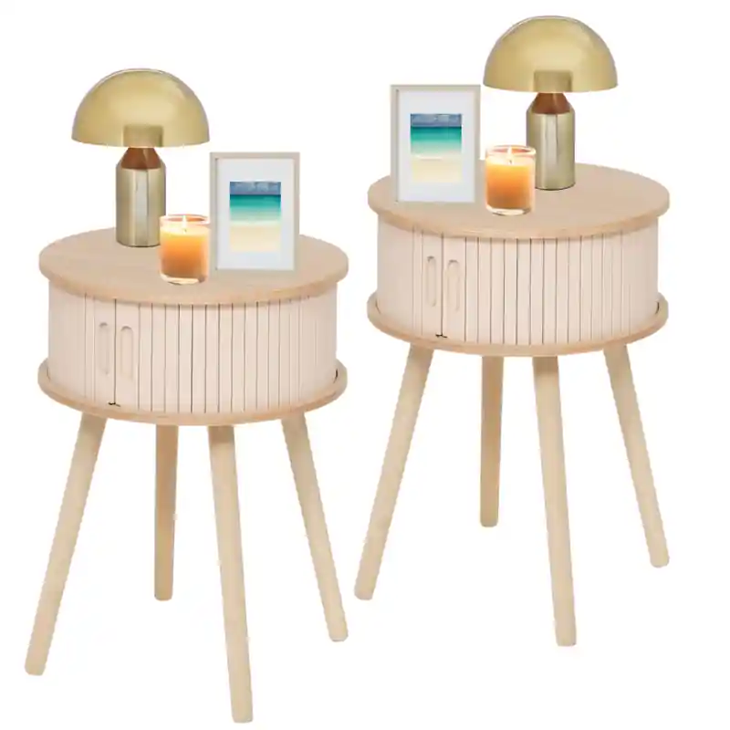 Exclusieve Aanbieding MISOU Nachtkastjes- Met Lade - Rond - Set van 2 - Modern - Hout - Slaapkamer - Bijzettafel - Neutraal - met Deuren - Beige - MDF - JULIET