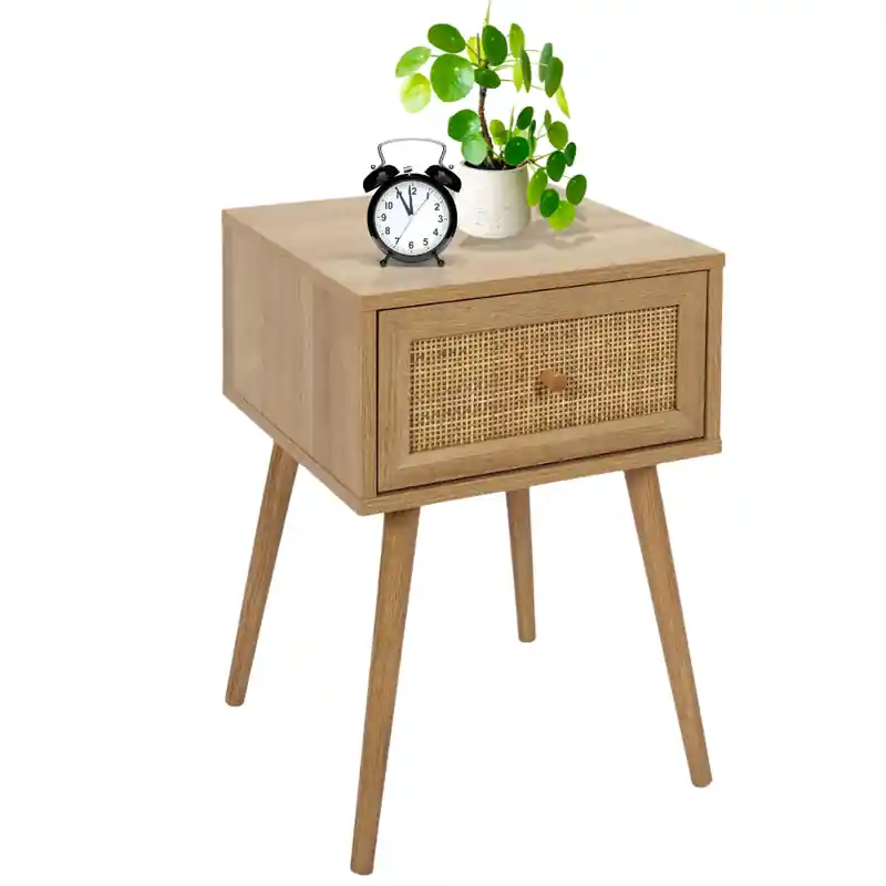 Uitverkoop MISOU Nachtkastje - Met Lade - Modern - Rotan - Webbing - Hout - Slaapkamer - Eiken Kleur  - BALI - HANNAH