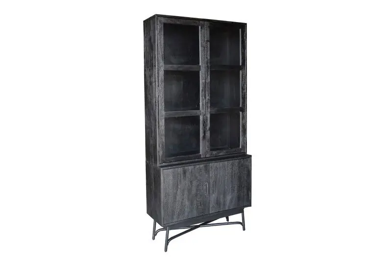Vitrinekast Zwart - 100x38x220cm - Mangohout - Kast Romee Favoriet