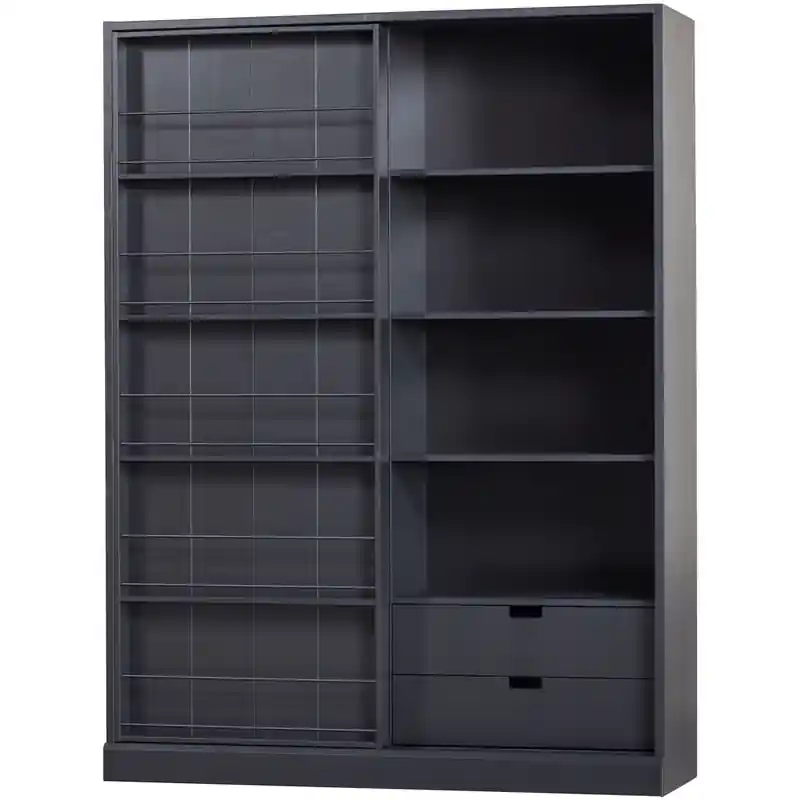 WOOOD Swing Schuifdeurkast - Grenen Geschuurd - Zwart - 200x150x46,5 Direct Verzonden