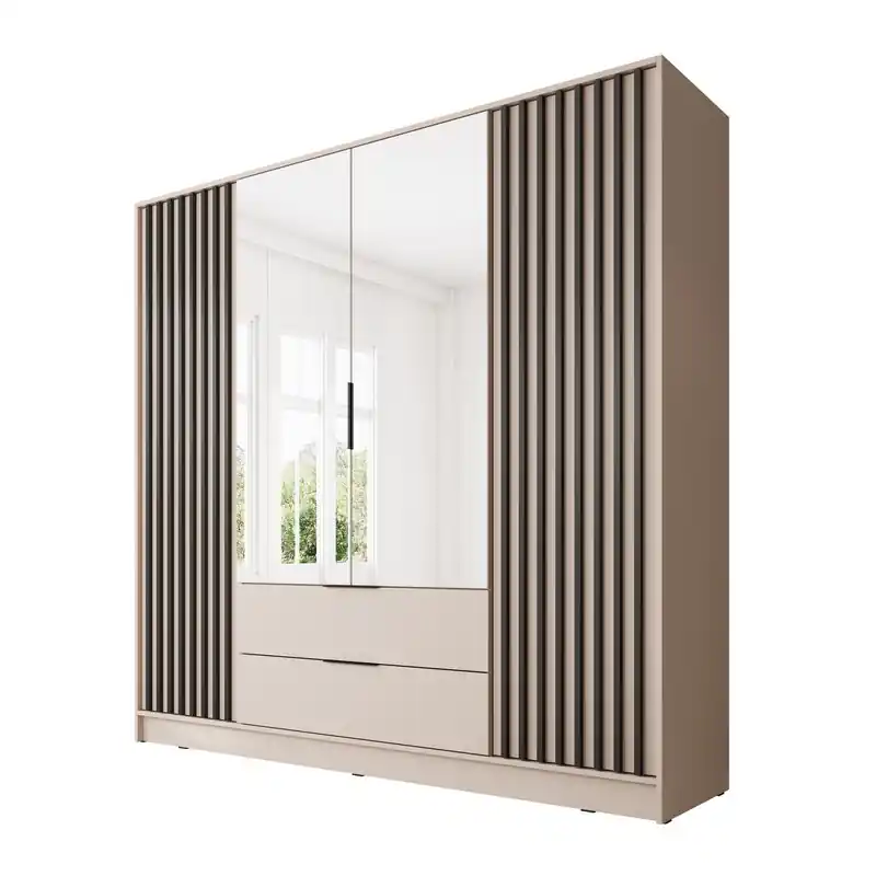 Meubella - Kledingkast Nairobi - Beige - Zwart - 206 cm - met spiegel Rechtstreeks Van De Fabrikant