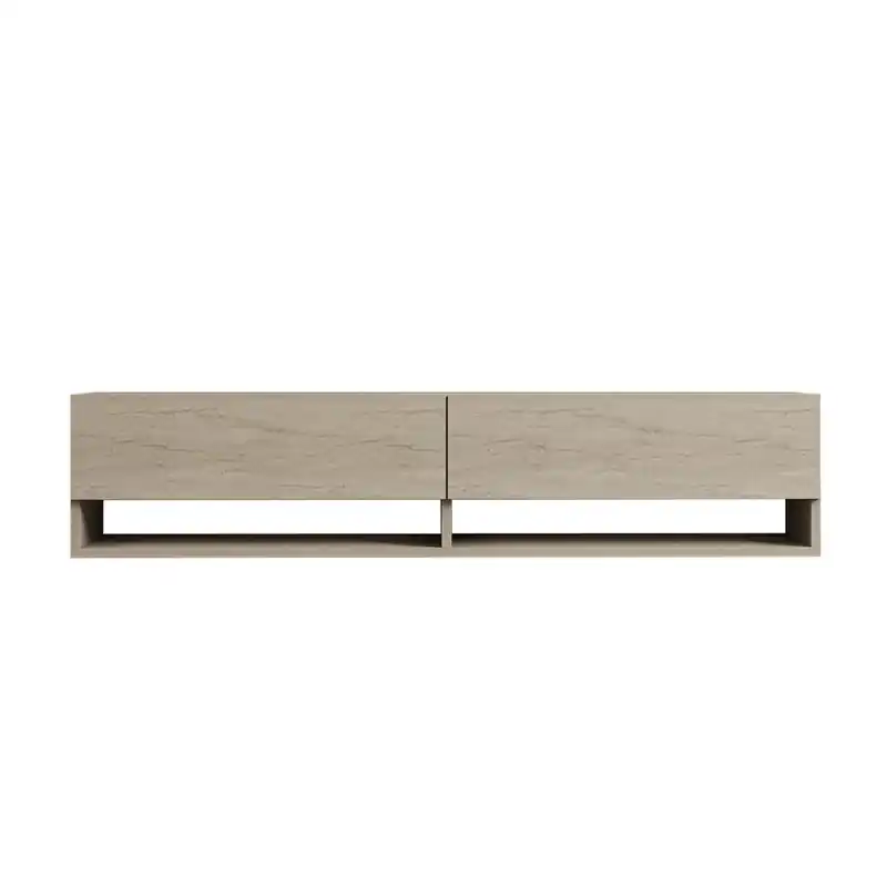 Hangend tv-meubel met 2 klepdeuren, travertin decor L141 cm - ARGES Ambachtelijk