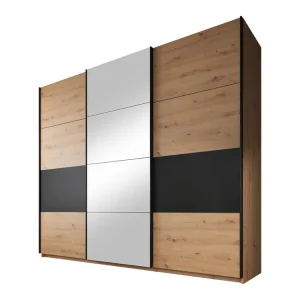 Meubella - Kledingkast Saturn - Eiken - Zwart - 263 cm - Met spiegel Modern