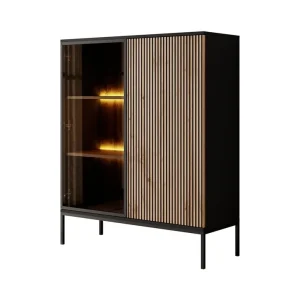 Meubella - Vitrinekast Legend - Mat zwart - Eiken - 104 cm - Laag Weekendaanbieding