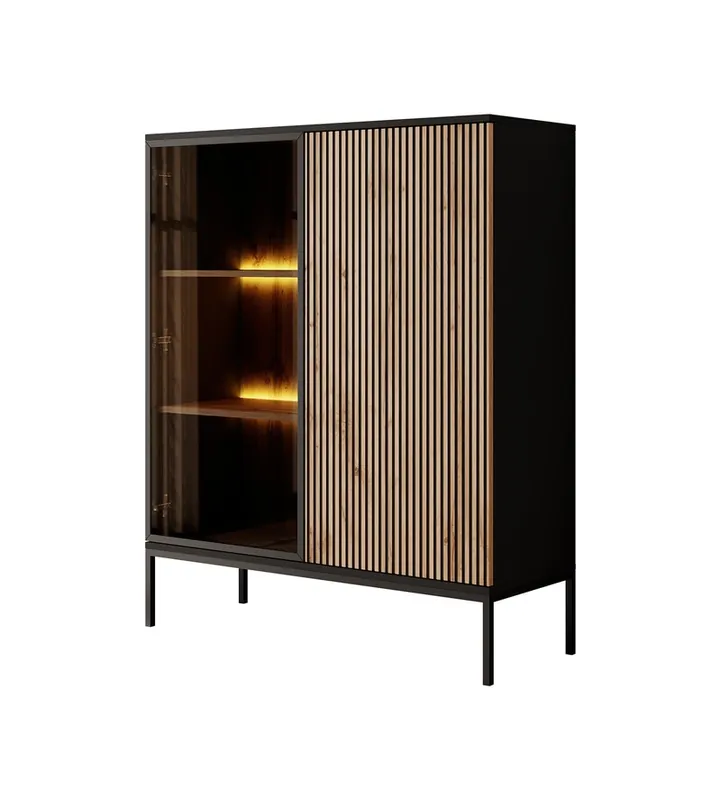 Meubella - Vitrinekast Legend - Mat zwart - Eiken - 104 cm - Laag Weekendaanbieding