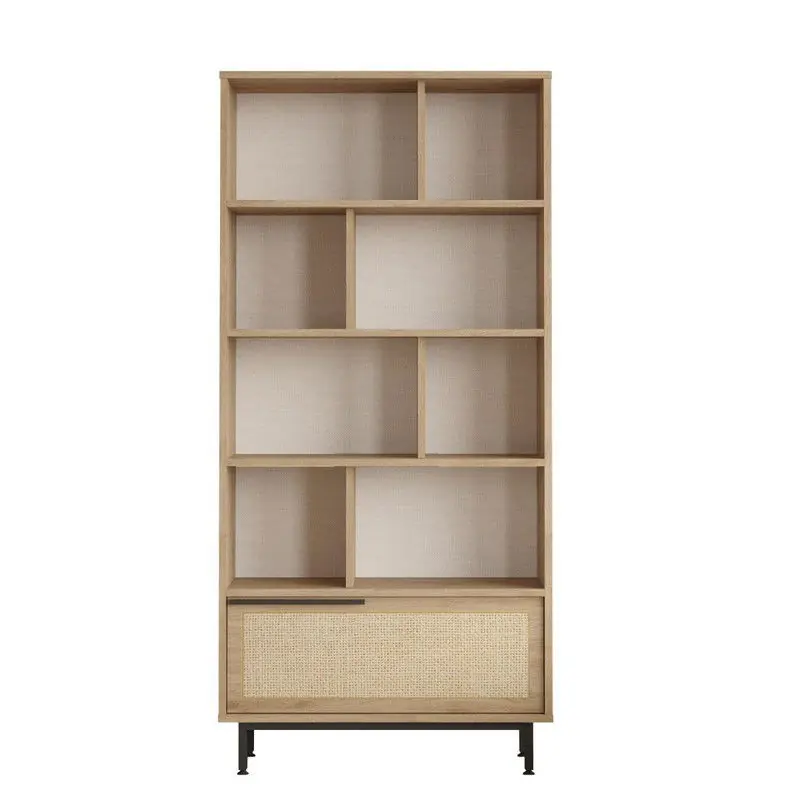 Dagaanbieding Rek 9 planken en 1 deur, eikenhouten decor en rotanprint - H175,6 cm