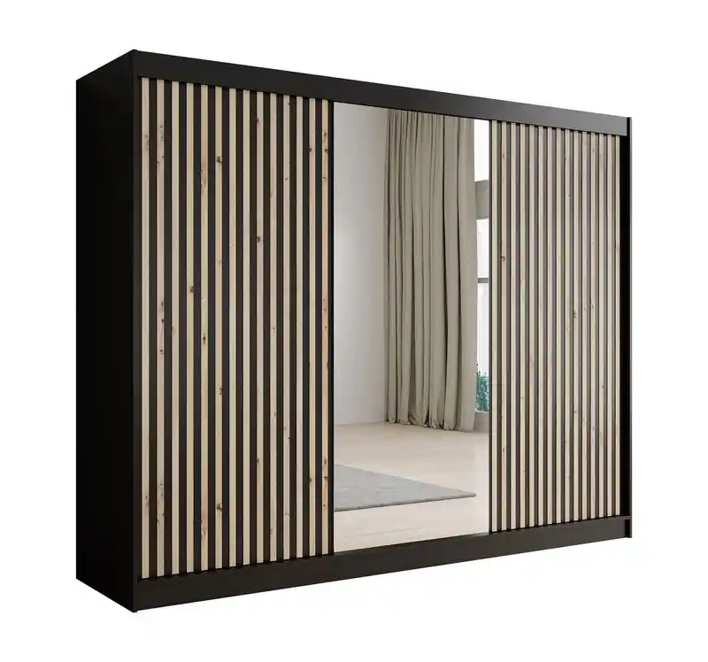 Meubella - Kledingkast Lisbon 2 - Zwart - 250 cm - Met spiegel Nu Kopen