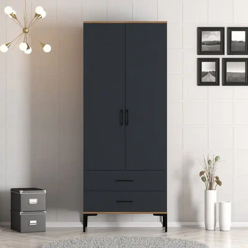 Express Levering Kledingkast Kumsal T Walnoot Antraciet Melamine 80x47,5x201,4 cm