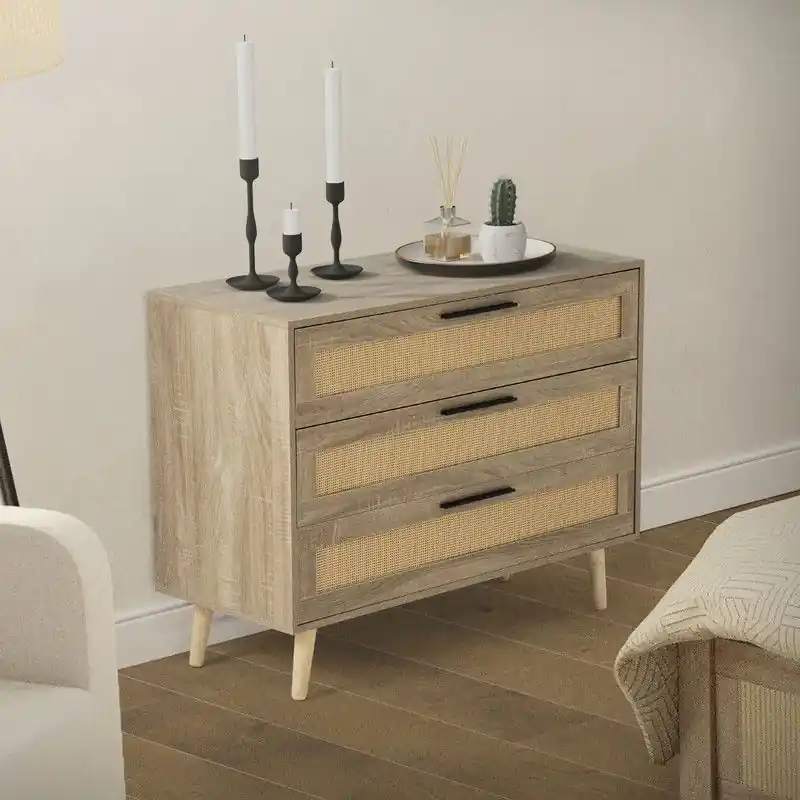 Trendy Ladekast Dressoir met 3 laden 100x77x40 cm eiken-look met rotan front en massief houten poten ML design