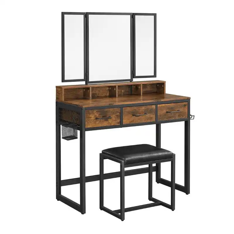 Luxe Make-upconsole met spiegel, opbergruimte en krukje - L90 cm