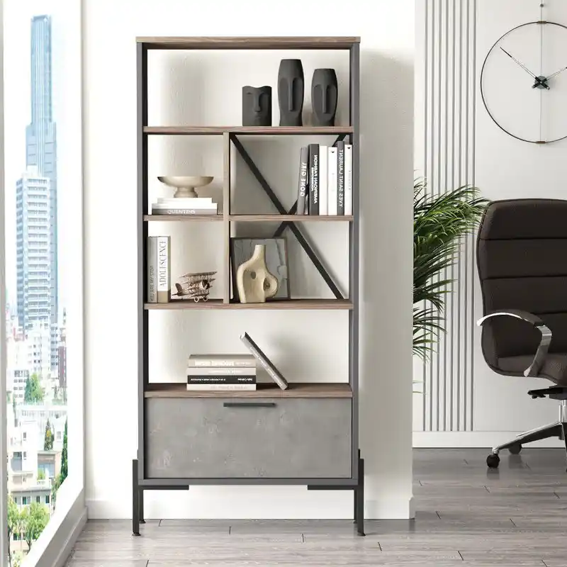 Boekenkast Rhea Bruin Grijs Antraciet Melamine 75,5x160,8x44,5 cm Fabrieksprijs