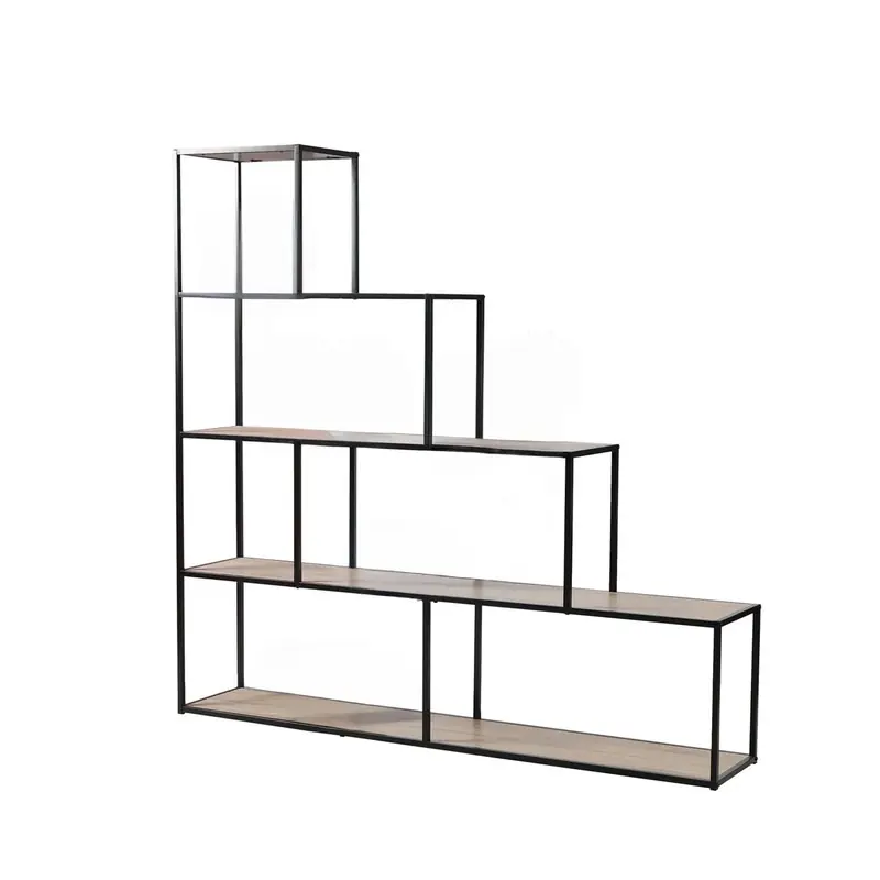 Boekenkast met 5 niveaus en Design Trap - Decoratie Hout en Zwart Metaal - L160 x H157 cm - Colorado Groothandel