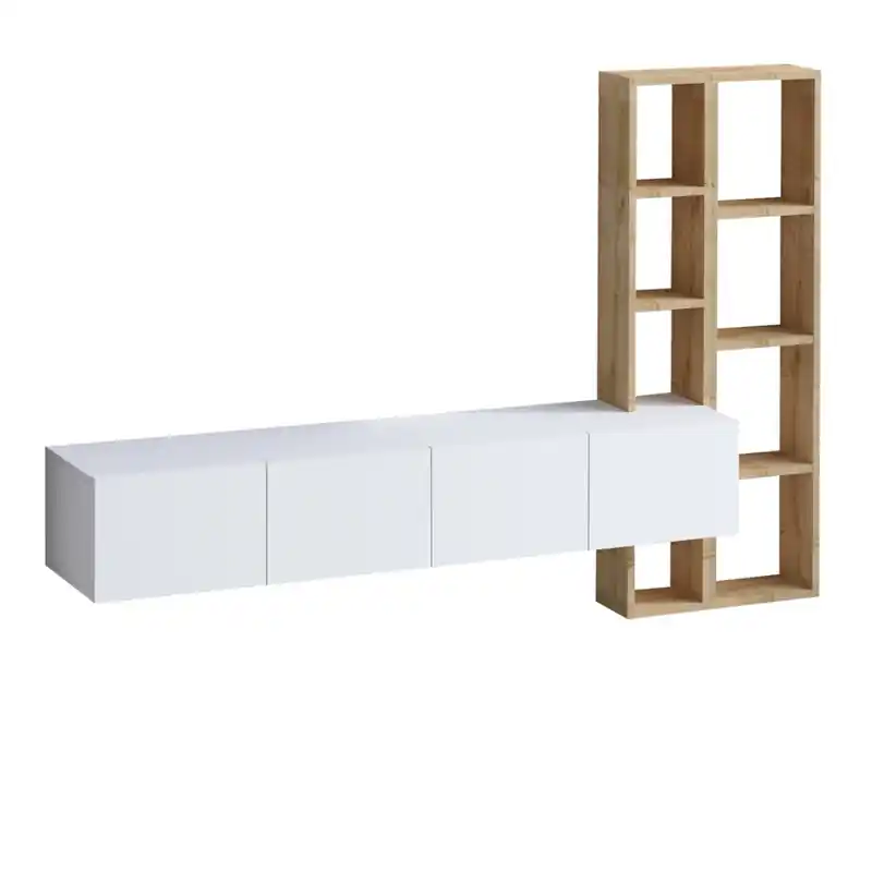 Ambachtelijk TV-meubel 4 deuren wit met eikenrek L182 cm - PANA