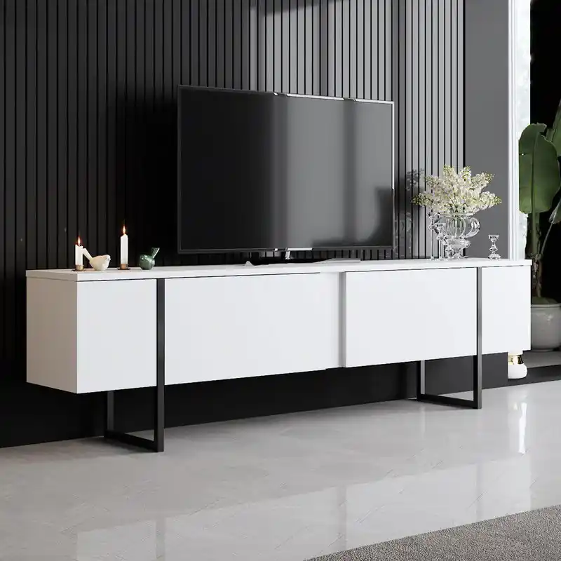 TV Meubel Luxe Wit Zwart Melamine 180x50x30 cm Uitverkoop