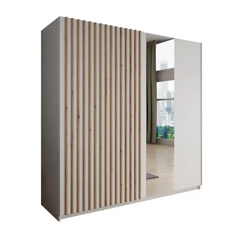 Meubella - Kledingkast Deliryon - Wit - 200 cm - Met spiegel Tijdelijk Beschikbaar