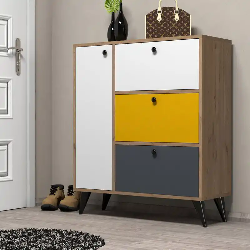 Aanbieding Schoenenkast Bella Eik Wit Geel Antraciet Melamine 90x105x35 cm