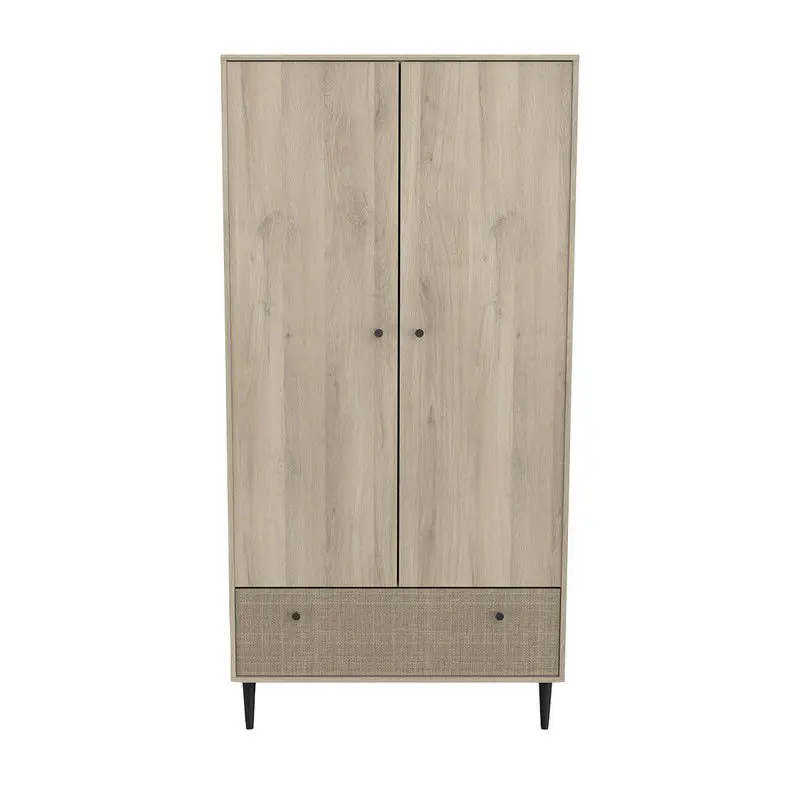Favoriet Kledingkast 2 deuren en 1 lade, eiken kronberg decor, rotan en mat zwart Saïgon - H181,1 cm