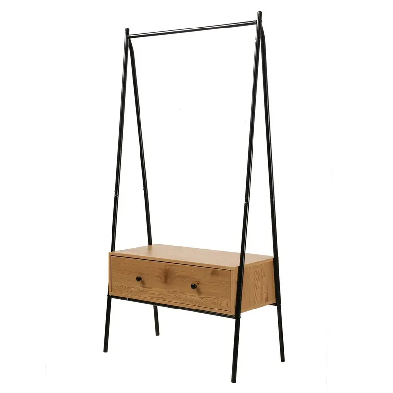 Lage Prijs Zwart metalen kleerkast met 1 lade, eiken decor H170cm
