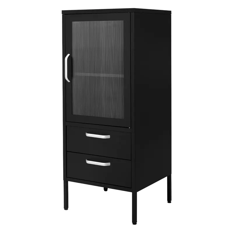 Nieuw ML-Design vitrinekast 42 x 102 x 40 cm zwart kast met 2 opberg of plankcompartimenten 1 deur en 2 lades metalen meubel van staal industrieel ontwerp boekenkast archiefmeubel en kantoorkast