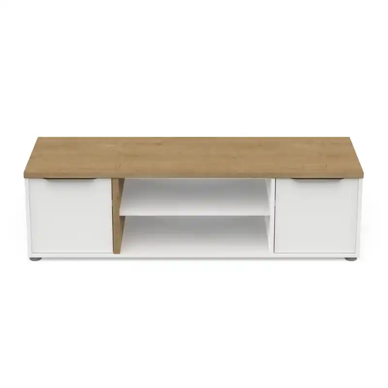 Meuble TV 2 portes et 2 niches décor chêne et blanc L135 cm - ACCESS Fabrieksprijs