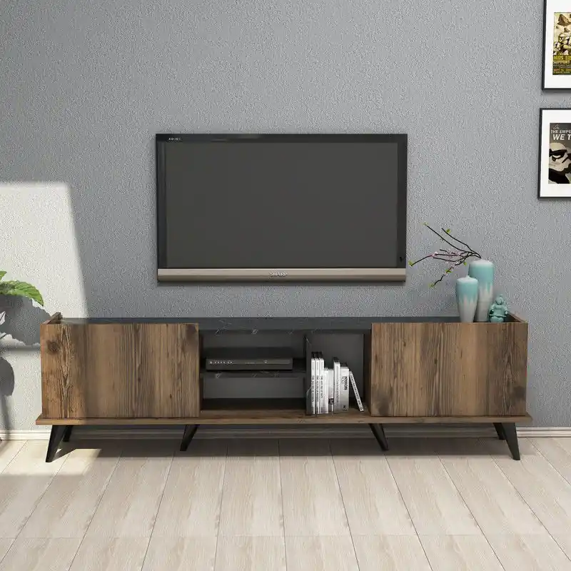 TV Meubel Elegante Walnoot Zwart Melamine 180x52x34 cm Lage Prijs