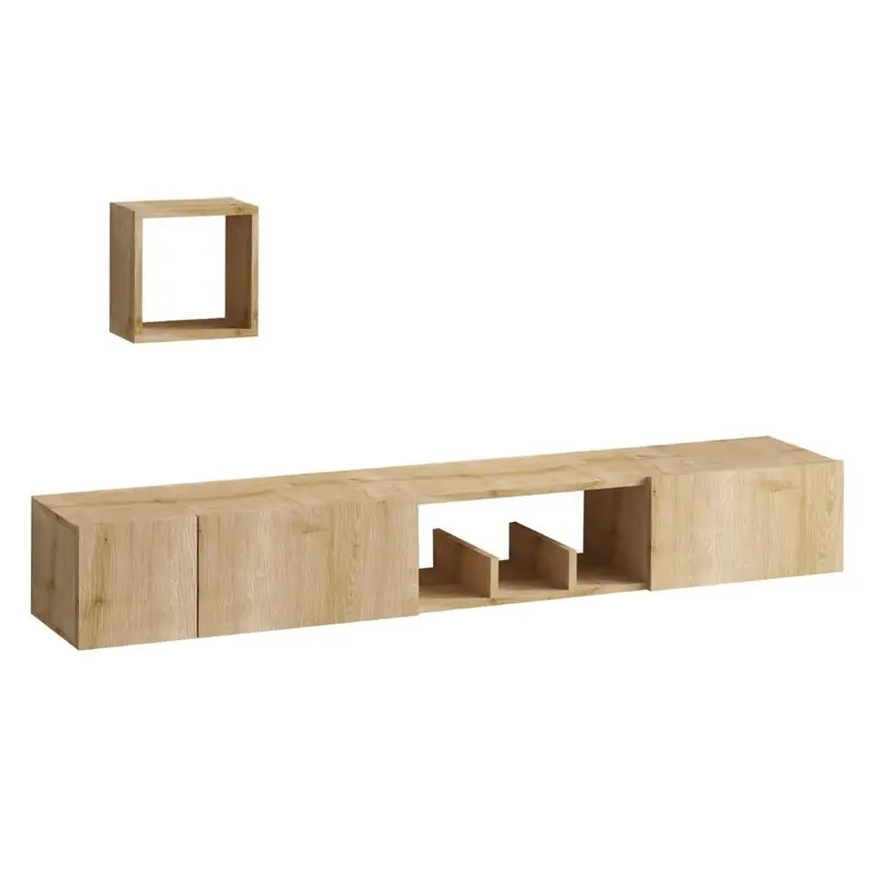 Koop Vandaag Zwevende TV-meubel met 1 nis, 3 deuren en 1 wandplank in eiken saffierdecor L180 cm - Avior