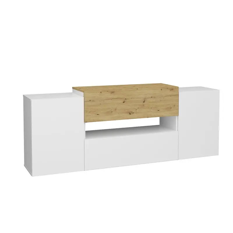 Tv-meubel 2 deuren 2 laden glanzend wit en eiken ambacht Olpe - L182 cm Betrouwbaar