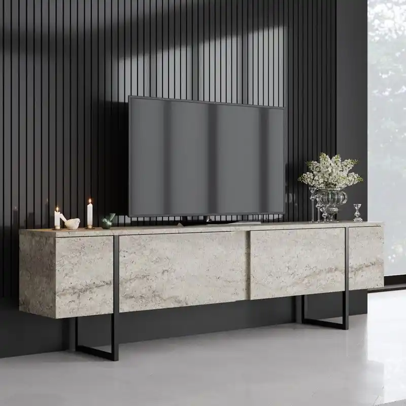 Origineel TV Meubel Travertijn Luxe 180x50x30 - Zwart Frame