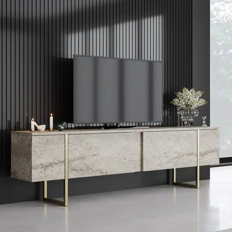 TV Meubel Travertijn Luxe 180x50x30 - Gouden Frame Veilige Betaling
