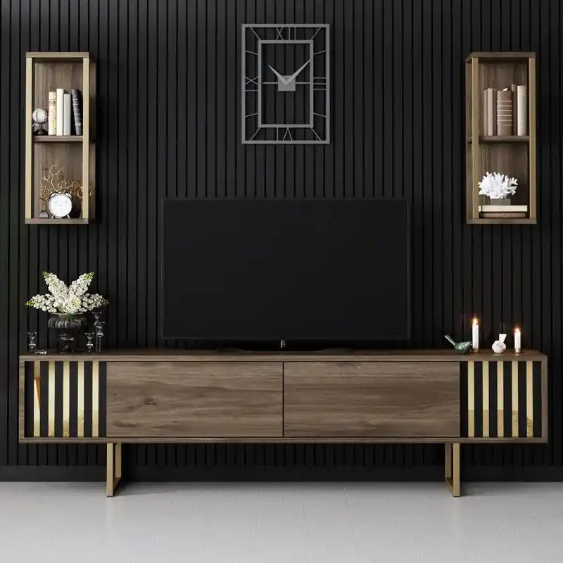 Finale Uitverkoop TV Meubel Set Gold Line Walnoot Zwart Melamine 180x48x30 cm