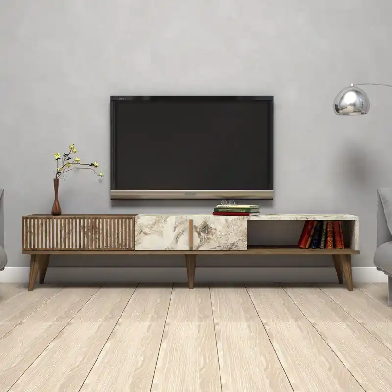 TV Meubel Milan Walnoot Wit Marmer Melamine 180x40x35 cm Direct Verzonden