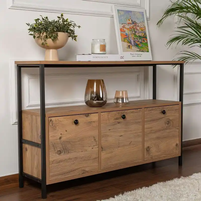 In De Mode Dressoir Atlantisch Dennenhout Saloce - Zwart Frame - Drie Vakken - 120x77 cm