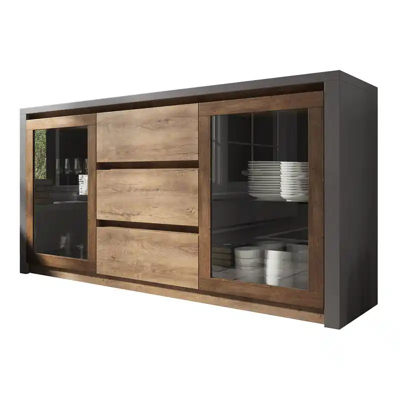 Merkproduct Meubella - Dressoir Monaco - Eiken - Grijs - 140 cm - Met glas