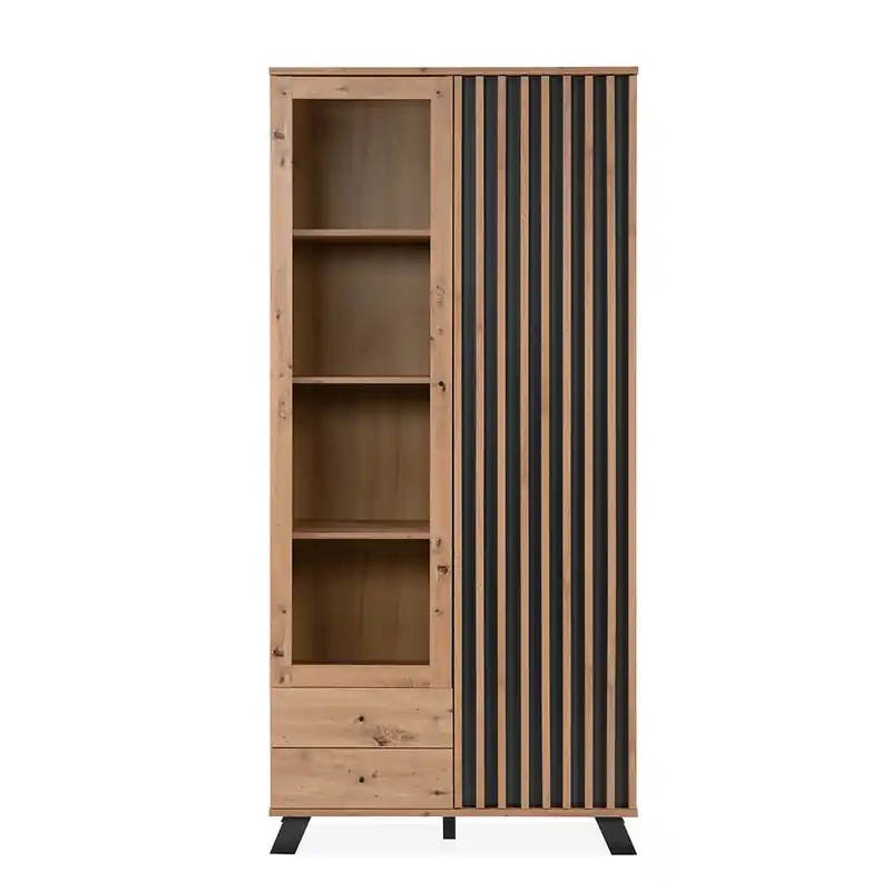 Tijdelijk Beschikbaar Vitrinekast 2 Deuren en 2 Laden Eiken Decor L92 cm - Lublin