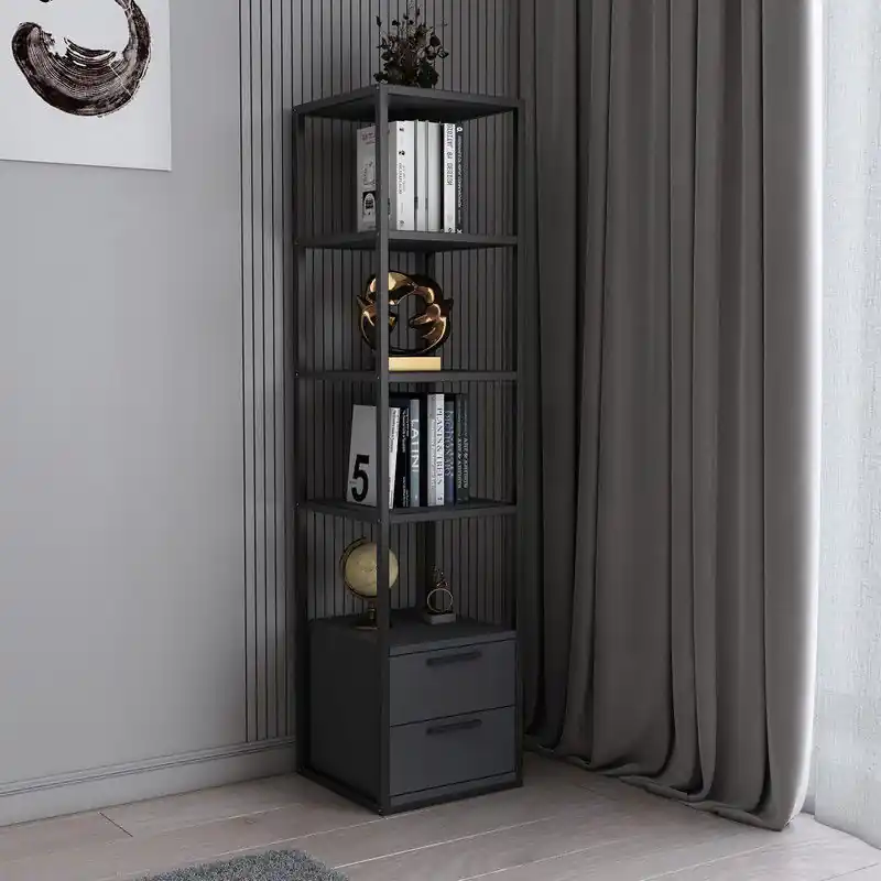 Uitverkoop Boekenkast Robbins Black Zwart Antraciet Melamine 39x160x39 cm