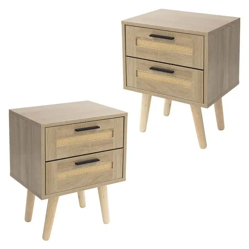 Nachtkastje set van 2 40x50,5x30 cm eiken bijzettafel met 2 laden en rotan front & massief houten poten ML design In De Mode