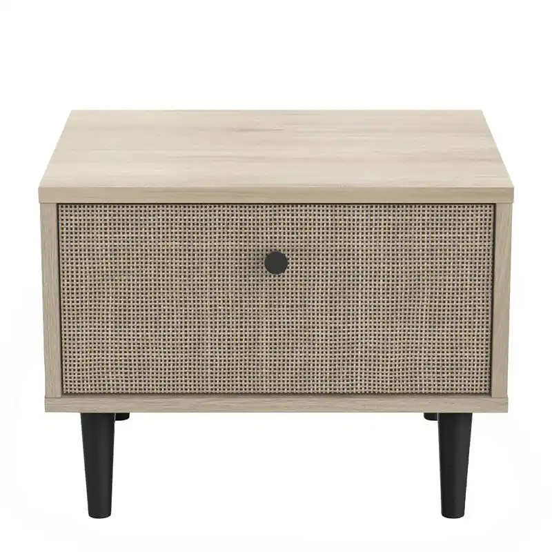 Nachtkastje 1 Lade Eiken Decor - Rotan en Mat Zwart Print L44,6 cm - Saïgon Goedkoop