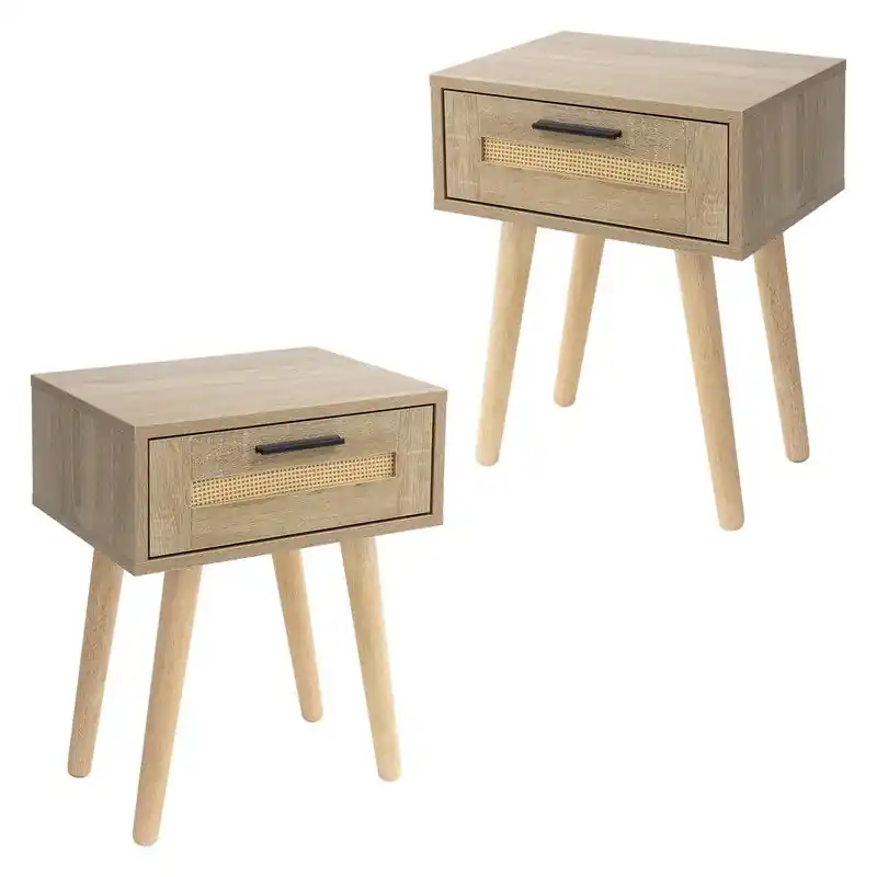 Superprijs Nachtkastje set van 2 40x50,5x30 cm eiken bijzettafel met rotan front & massief houten poten ML design