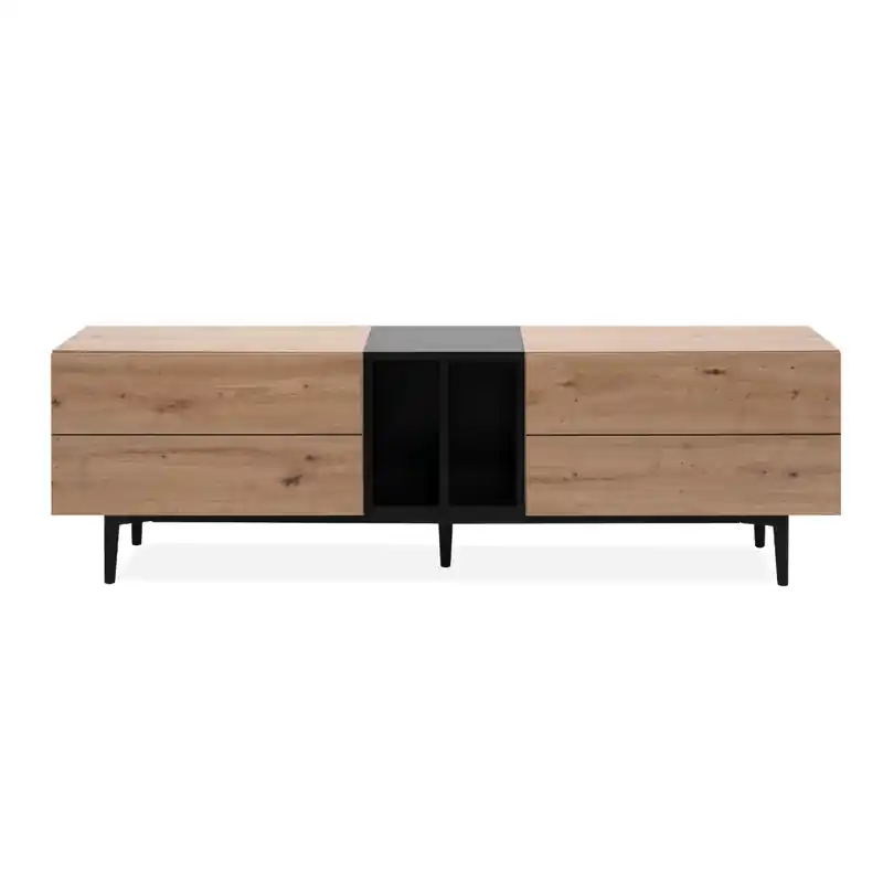 TV-meubel met 2 opklapbare deuren en 2 open vakken, decor in eikenhout en zwart, L160 cm - LYDEN Shop Nu