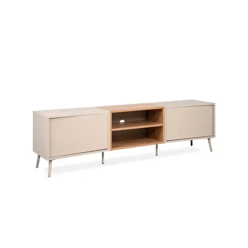Goedkoop TV-meubel met 2 niches, 2 deuren in zanddecor en eikenhout, L175 cm - MYR