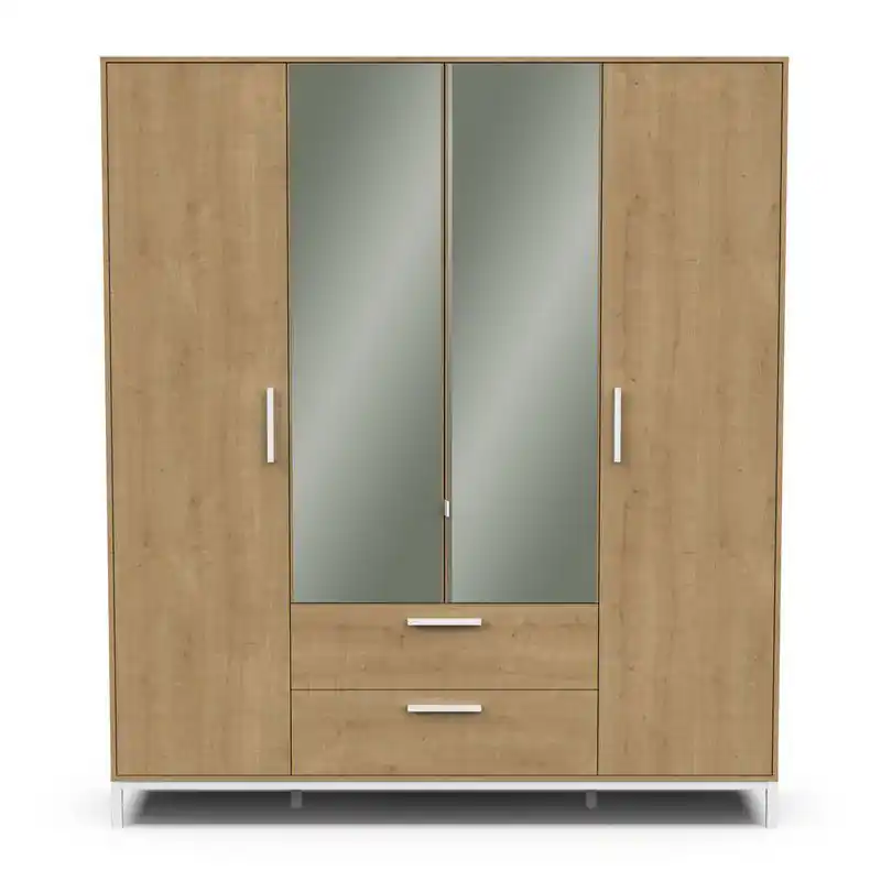 Lage Kosten Armoire 4 portes ouvrantes, 2 miroirs et 2 tiroirs décor chêne et blanc mat H220 cm - CRAFT